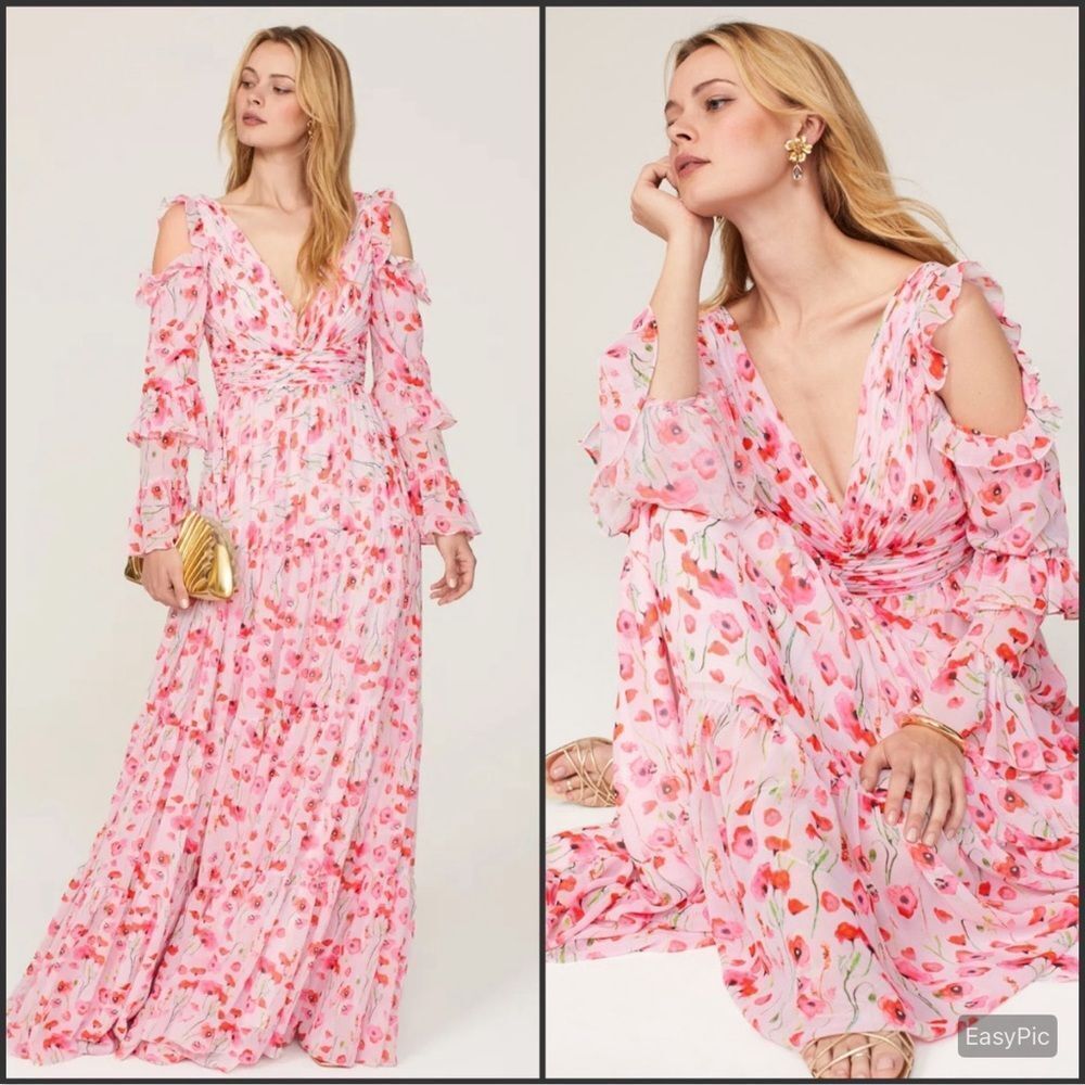 NWT Mac Duggal 55906 Pink Ruffle Sleeve Floral Print Gown Size 16